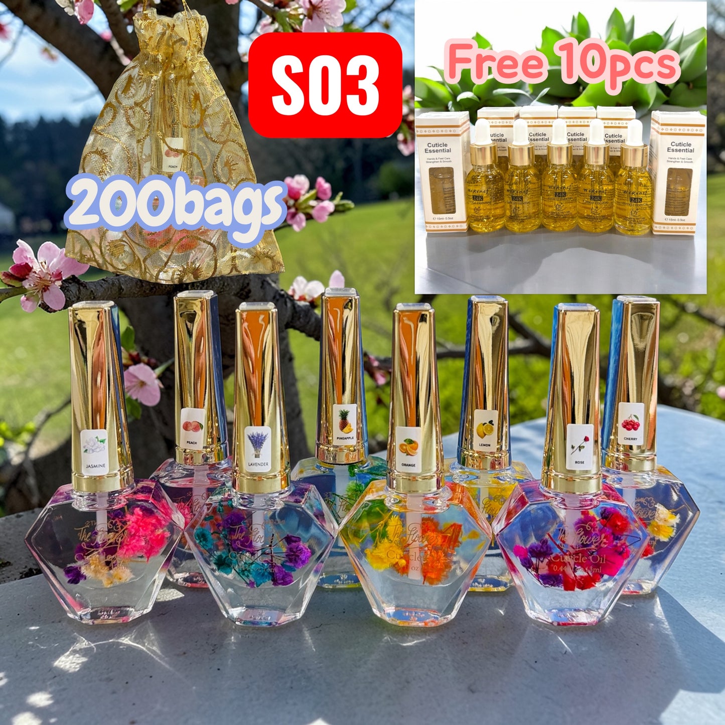 COMBO CUTICLE OIL GIFT set - 200 bottles FREE 200 bags + Rack or 10pcs Gold Oil