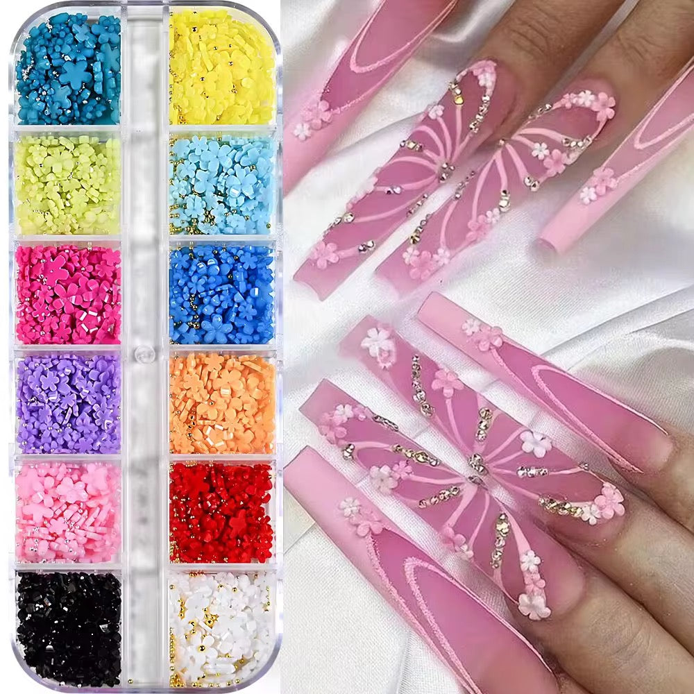 Mixed 12 colors of Mini Resin 3D Flower Nails or Pink and White
