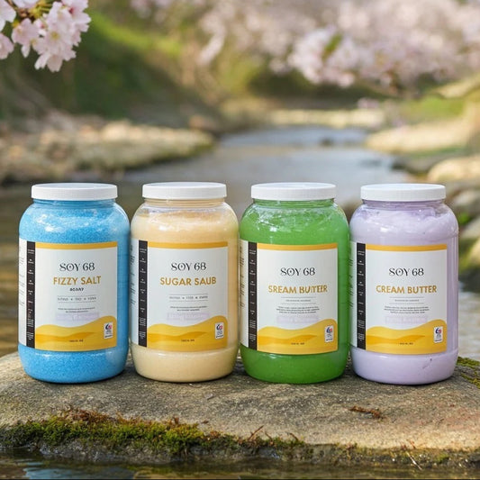 Pastel Easter pedicure spa products including bath bombs, sugar scrub, jelly mask and moisturizing cream butter