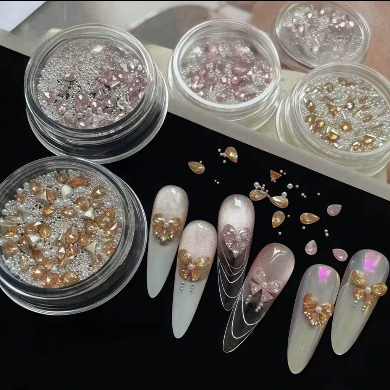 Heart and Butterfly Rhinestone Nail Design