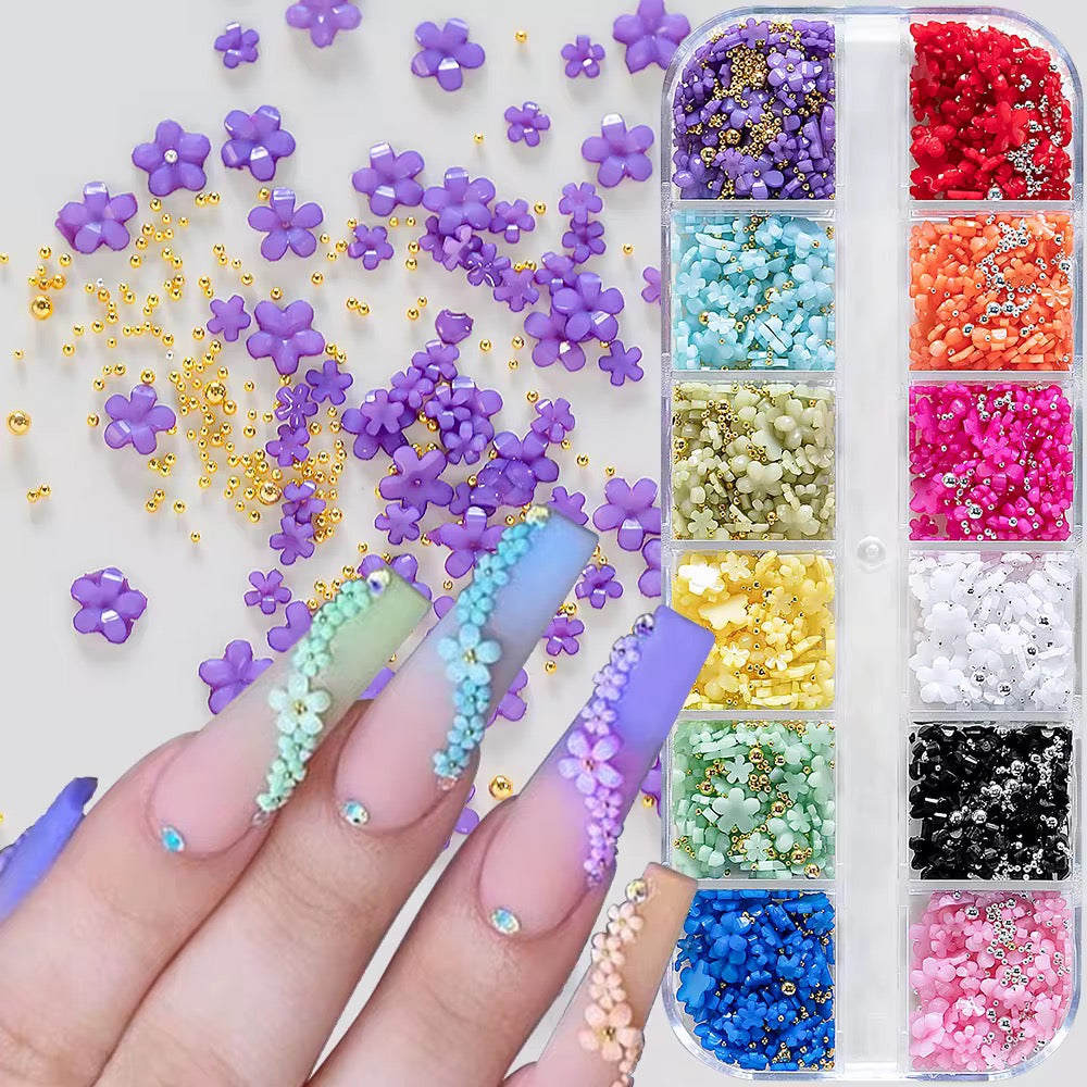 Mixed 12 colors of Mini Resin 3D Flower Nails or Pink and White