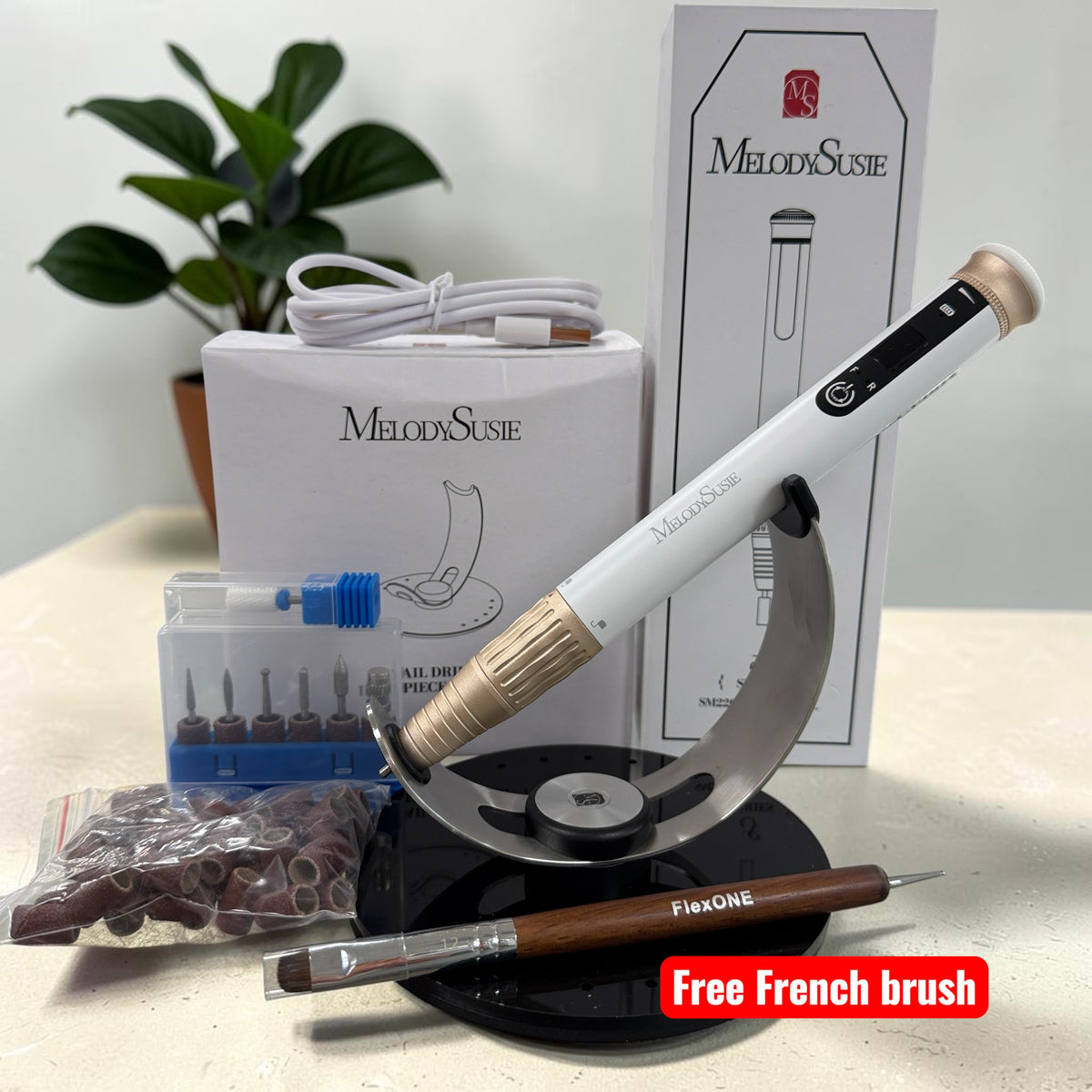 Pen Nail Drill Machine - Rechargeable Nail Drill 30,000 Rpm - White and Black FREE 1 French Brush
