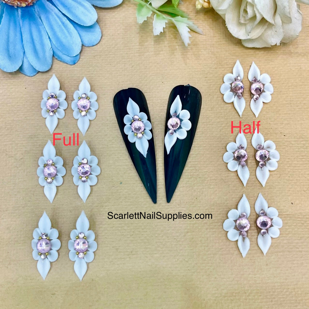 4pcs LONG Light Pink Rhinestone 3D Acrylic Nail Flowers