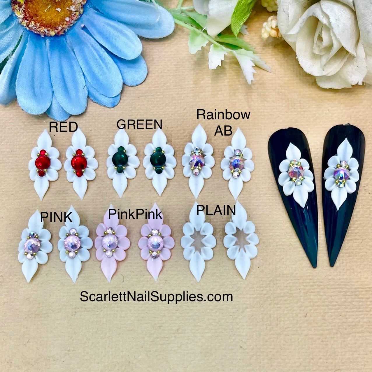 4 Pieces White Pink LONG Acrylic 3D Flowers Nails