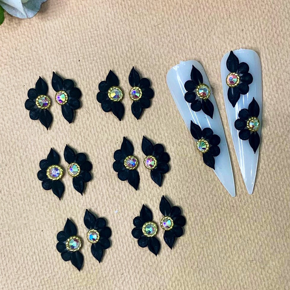 04 Pieces Acrylic Black 3D Flowers Nails