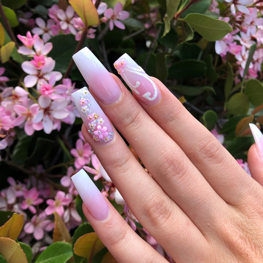 Spring Nail Ideas with 3D Acrylic Flowers and Ombre Gel Liner