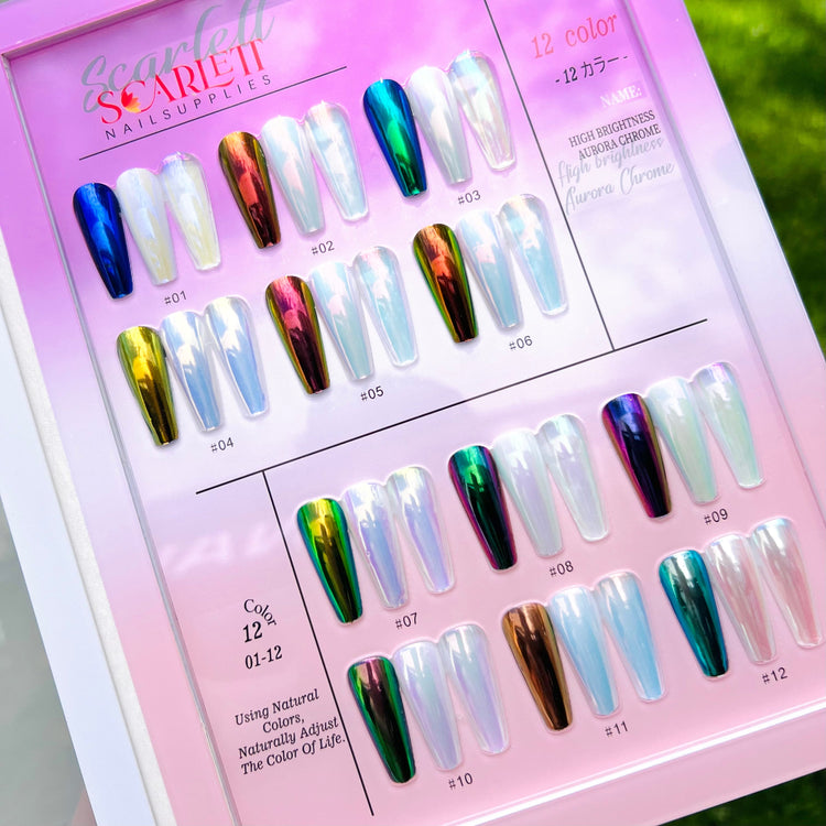 Scarlett Nail Supplies Aurora Chrome Nail Powder Mirror Effect Swatch Book