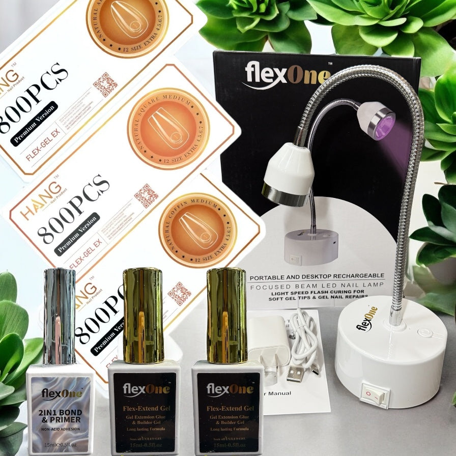 FlexOne Flex Extend Gel Glue and lamp for Soft Gel Nail Extensions