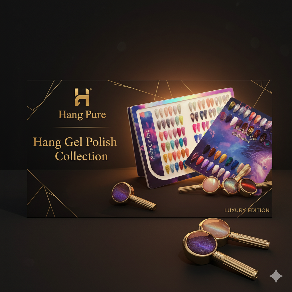 Hang Pure gel polish collection with cat eye gel colors, swatch boards, and luxury magnetic gel bottles for professional nail salons