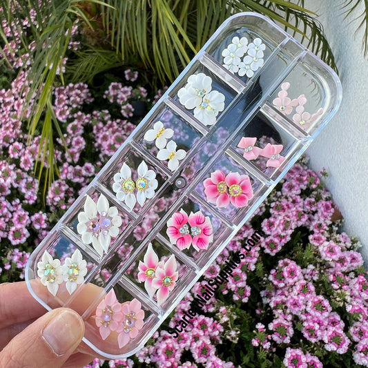 Set 24pcs Pink and White Multi Designs 3D Acrylic Flowers Nail Art