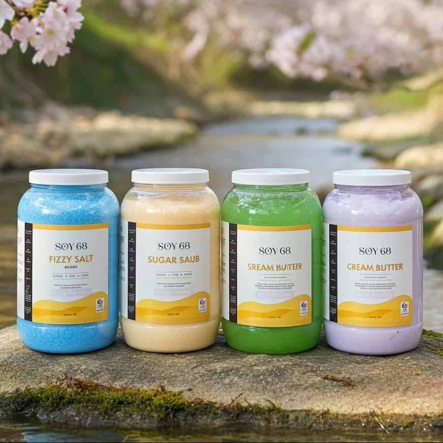 Pastel Easter pedicure spa products including bath bombs, sugar scrub, jelly mask and moisturizing cream butter