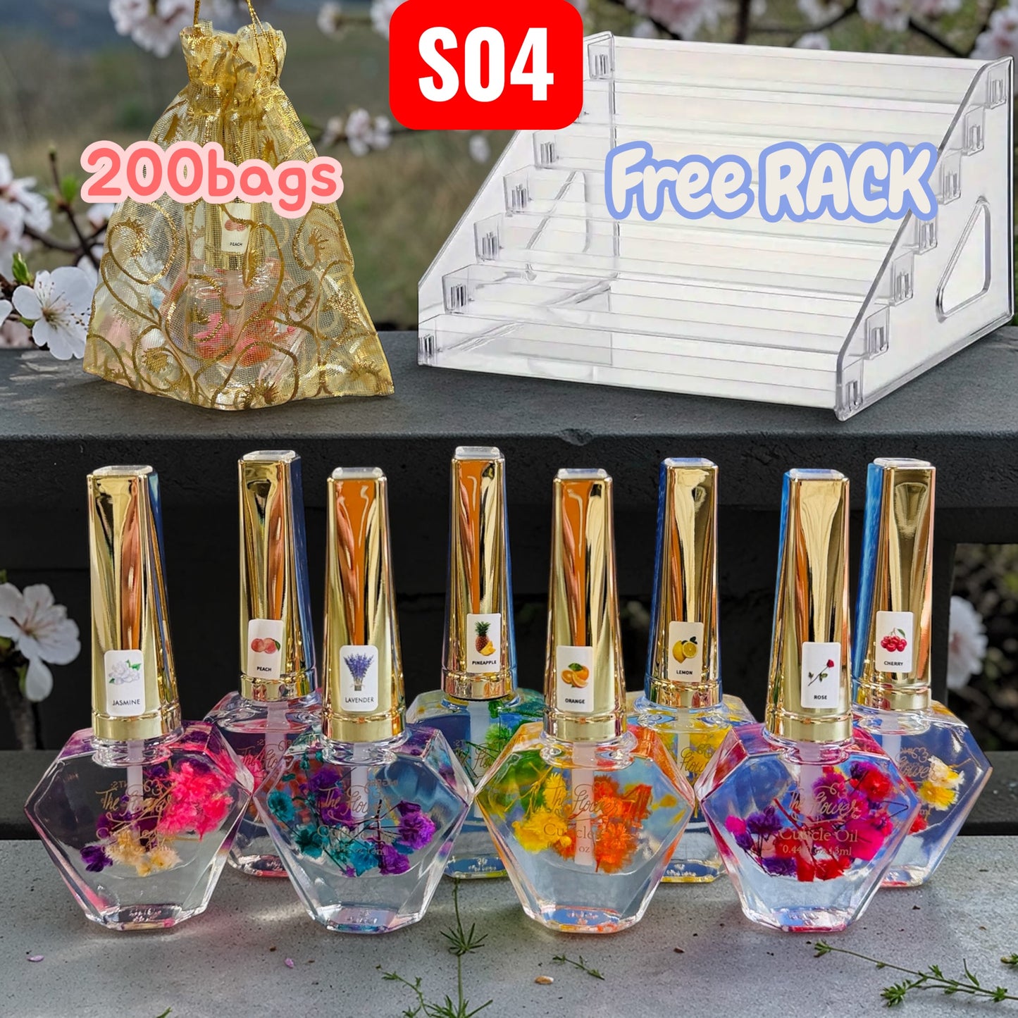 COMBO CUTICLE OIL GIFT set - 200 bottles FREE 200 bags + Rack or 10pcs Gold Oil