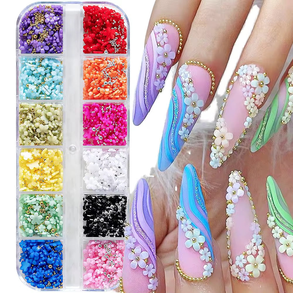 Mixed 12 colors of Mini Resin 3D Flower Nails or Pink and White