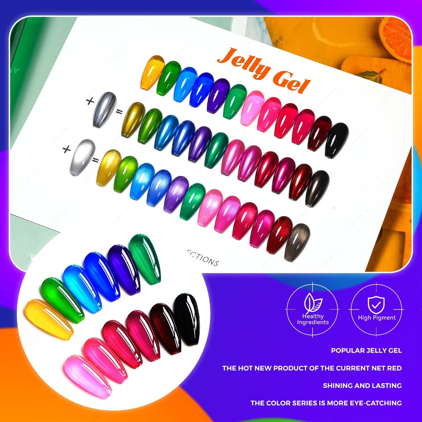 Set 12 Colors Jelly Gel Collection + Silver Cateye + Silver Metalic Gel