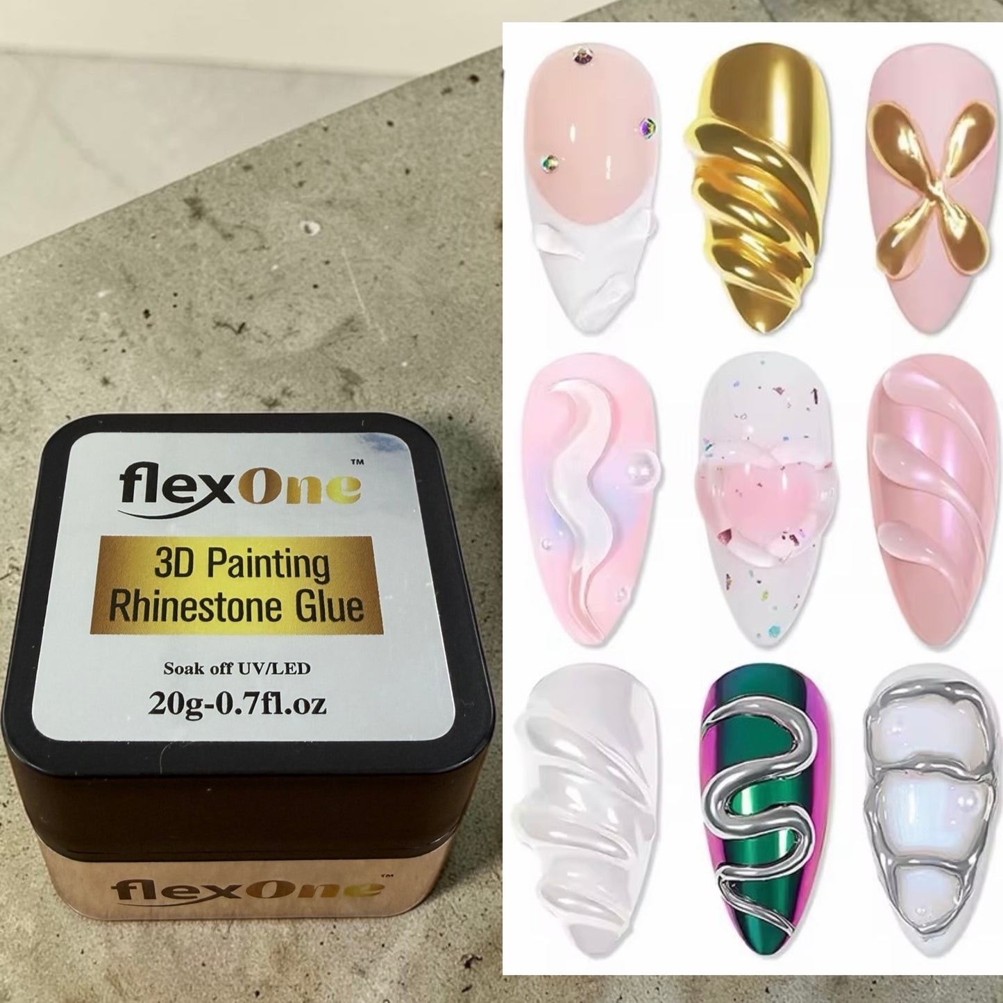 FlexOne 3D Gel Painting Rhinestone Glue – Nail Art Gel for 3D Designs, Water Drops, Shell Painting