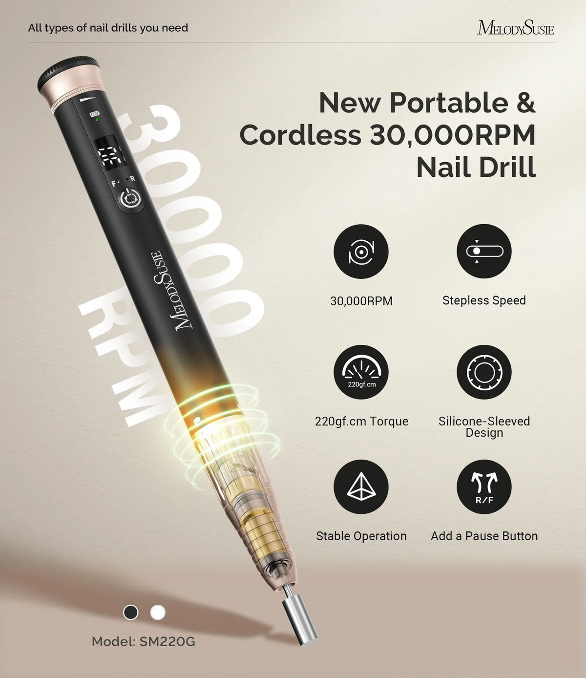 Drill Machine - Pen-Shaped Rechargeable Nail Drill 30,000RPM - White or Black