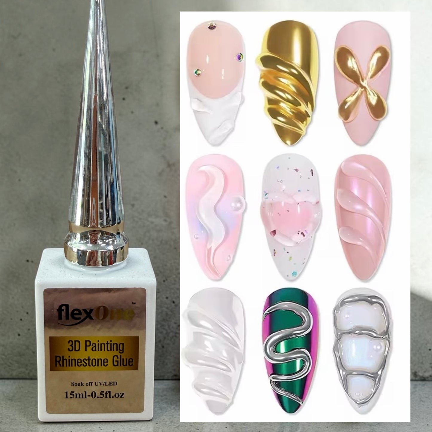 FlexOne 3D Gel Painting Rhinestone Glue – Nail Art Gel for 3D Designs, Water Drops, Shell Painting