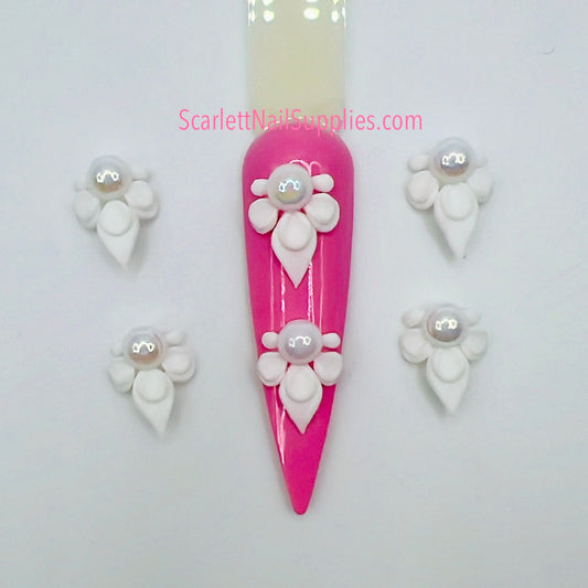 White 3D Acrylic Flowers Nail Design with Pearl