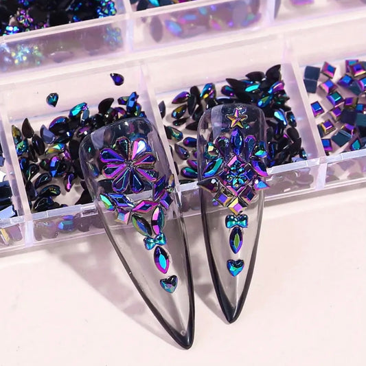 Multi Shapes 3D Flat Back Nail Rhinestones, Colorful Nail Gems Glass AB Crystal