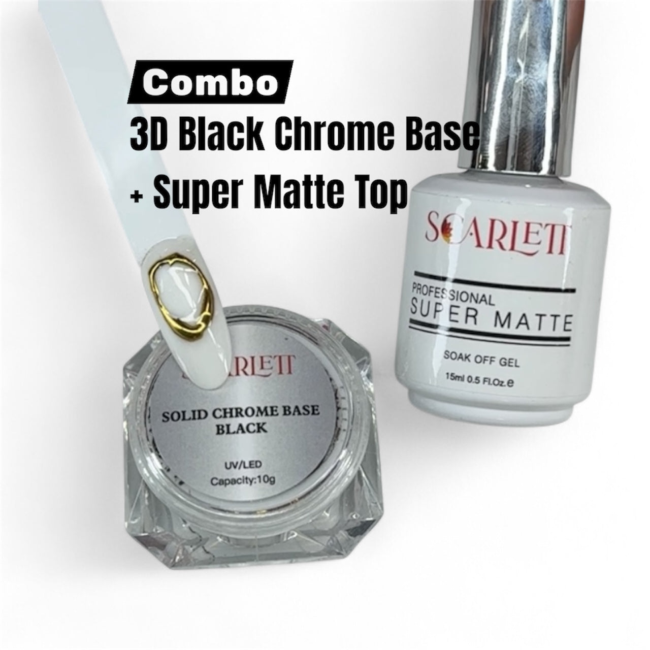 Scarlett 3D Solid Chrome Base Black Gel + Super Matte No-Wipe Top Coat (Combo for Chrome & 3D Nail Designs)