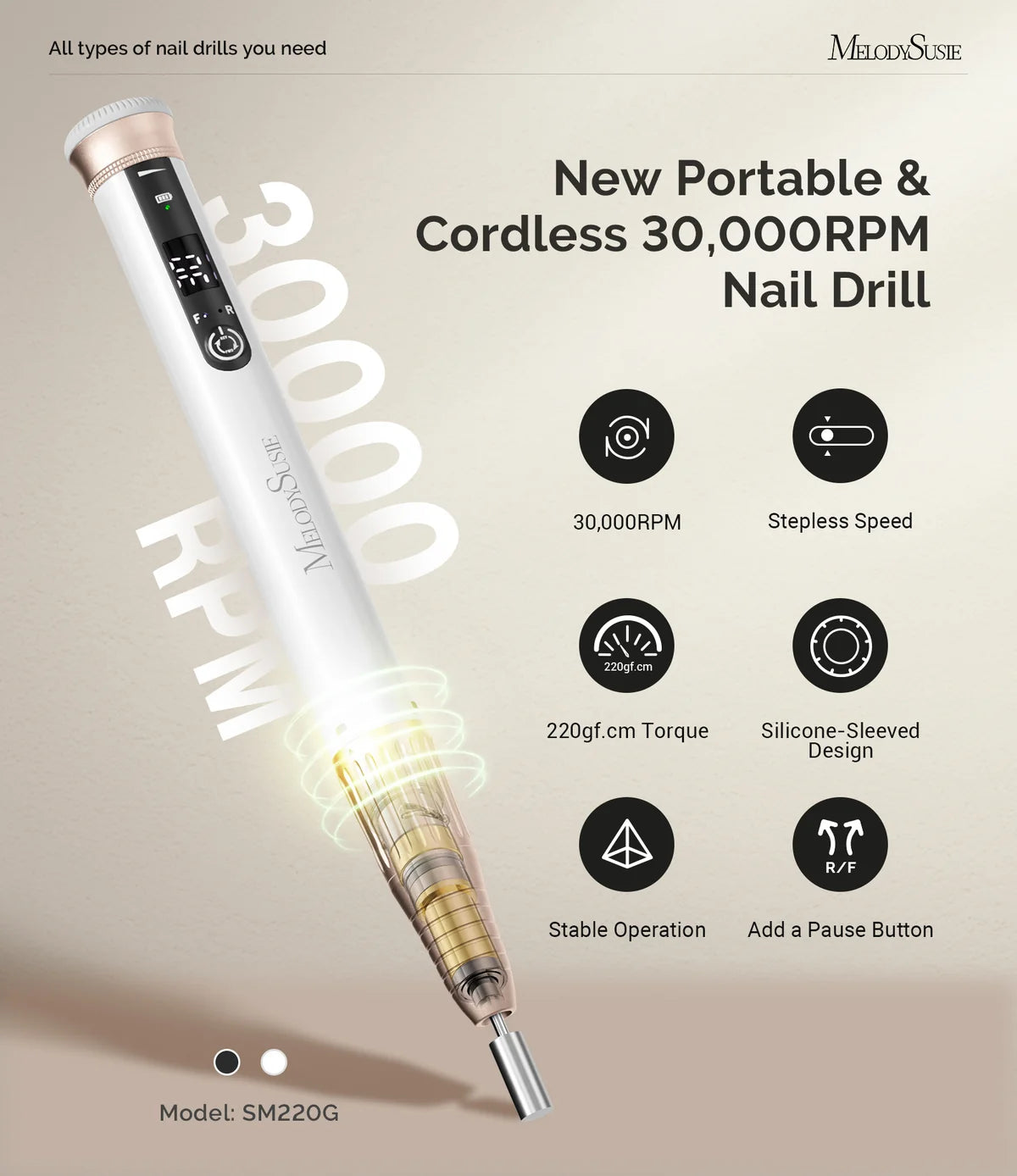 Drill Machine - Pen-Shaped Rechargeable Nail Drill 30,000RPM - White or Black