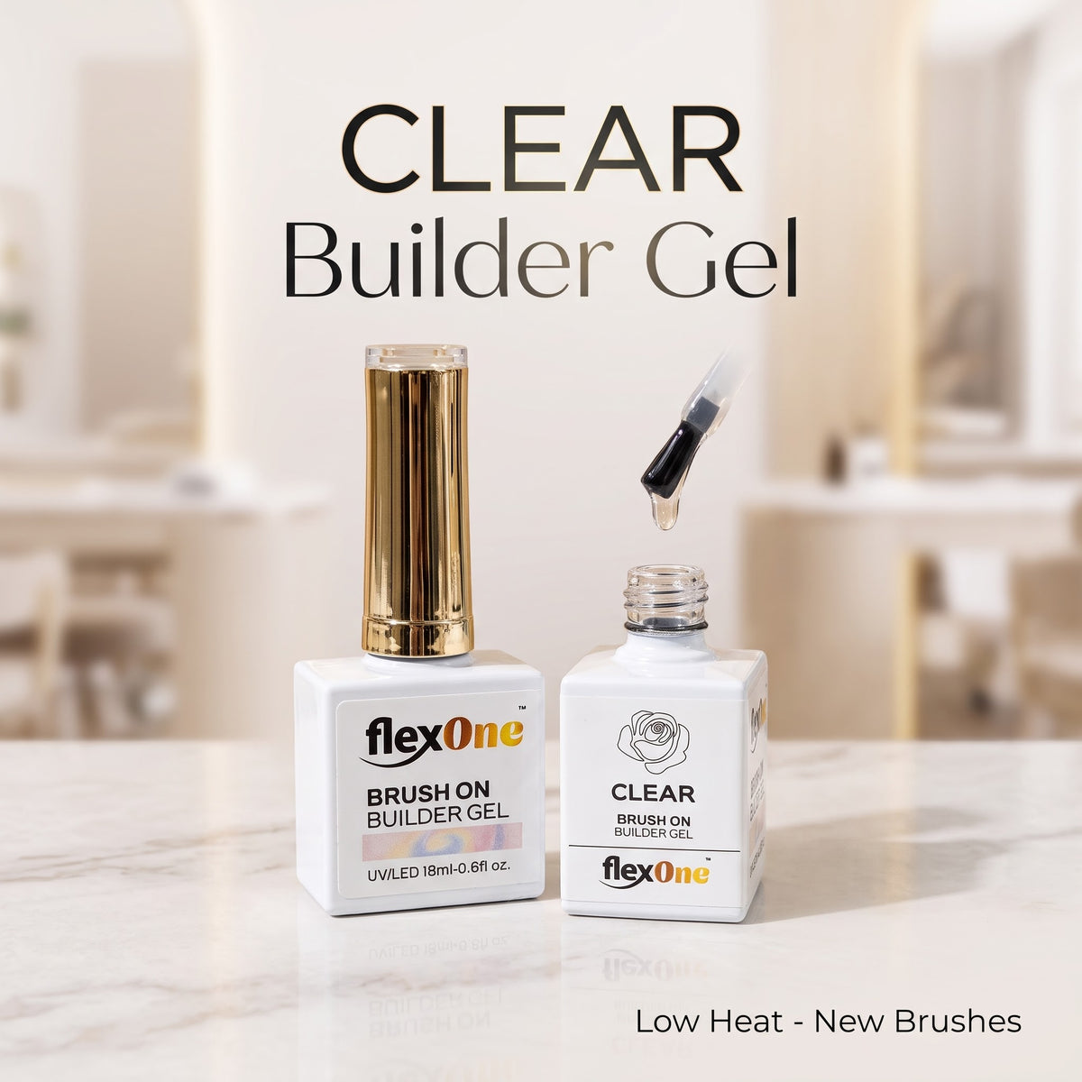Crystal CLEAR Builder Gel in Bottle - Brush on & Low Heat - FlexOne Brand