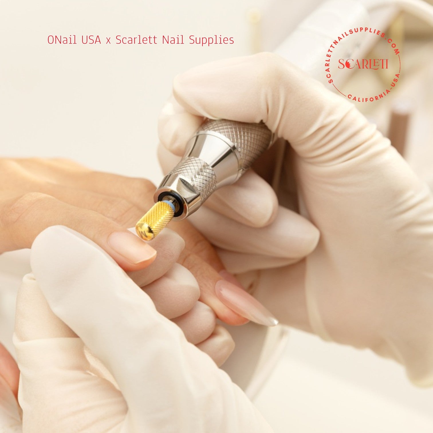 Nail technician using ONAIL AI Drill with gold bit on client’s nails.