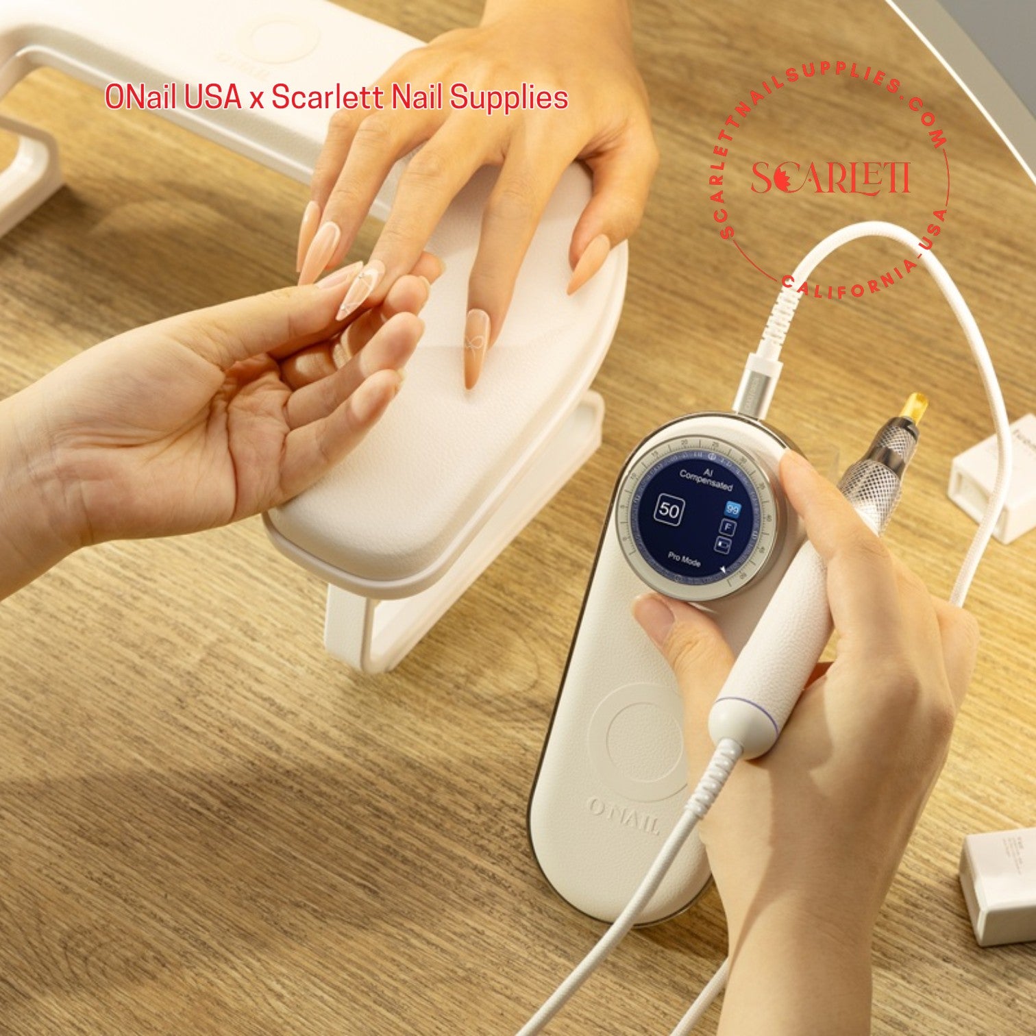 ONAIL AI Nail Drill in use with client’s hand, 50,000 RPM display visible.