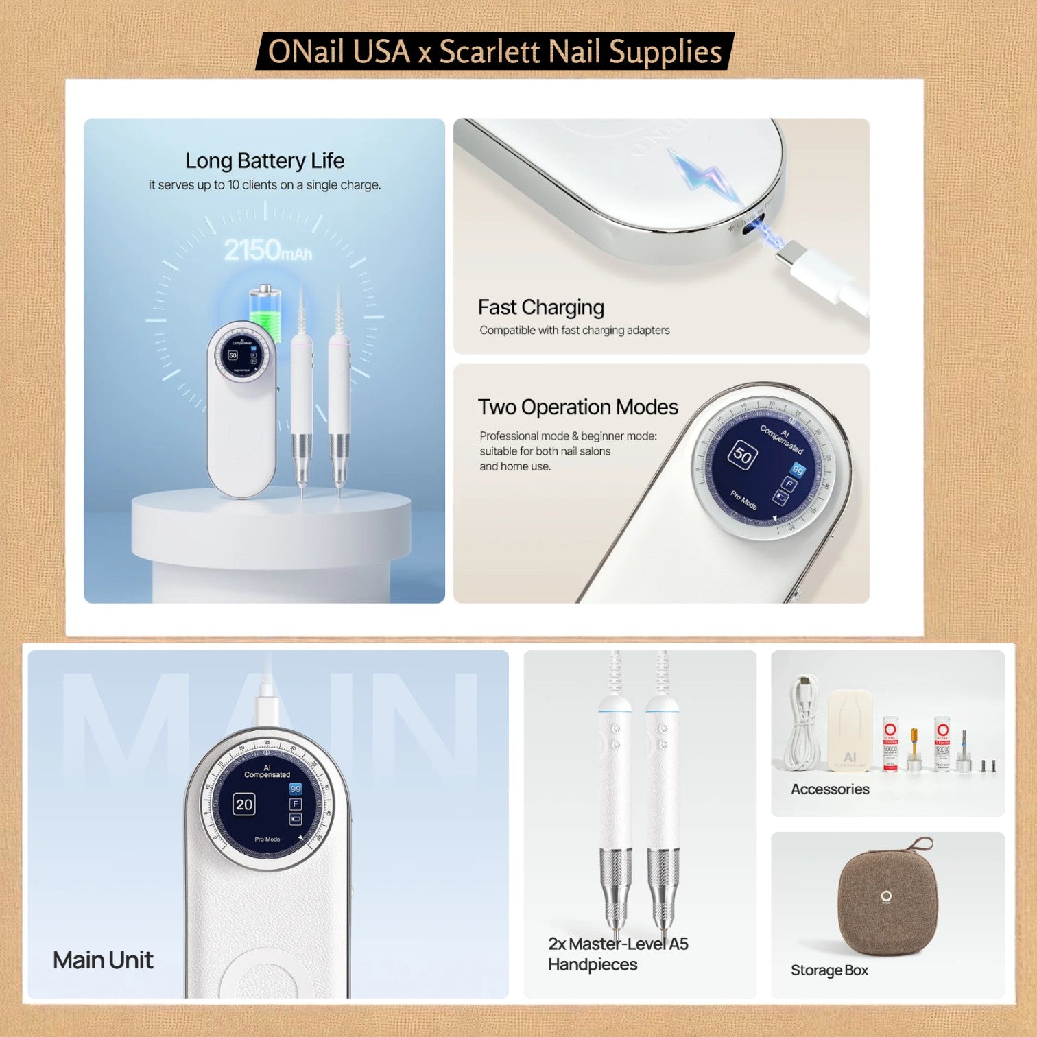 ONAIL AI Precision Nail Drill – 50,000 RPM, AI-Stabilized, Quiet