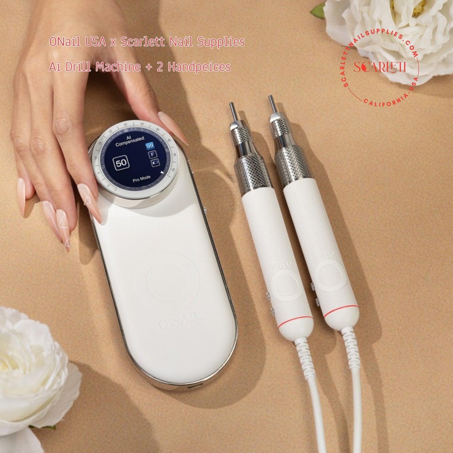 ONAIL AI Precision Nail Drill machine with dual handpieces on desk.