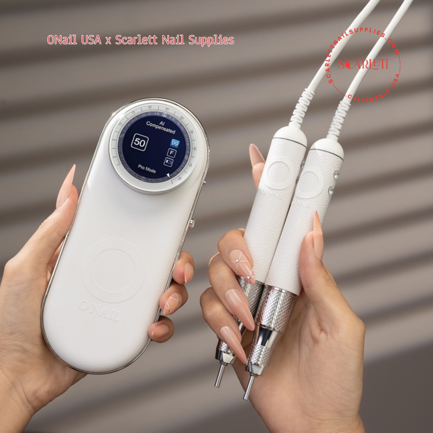 Person holding ONAIL AI Nail Drill and two Master-Level A5 handpieces.