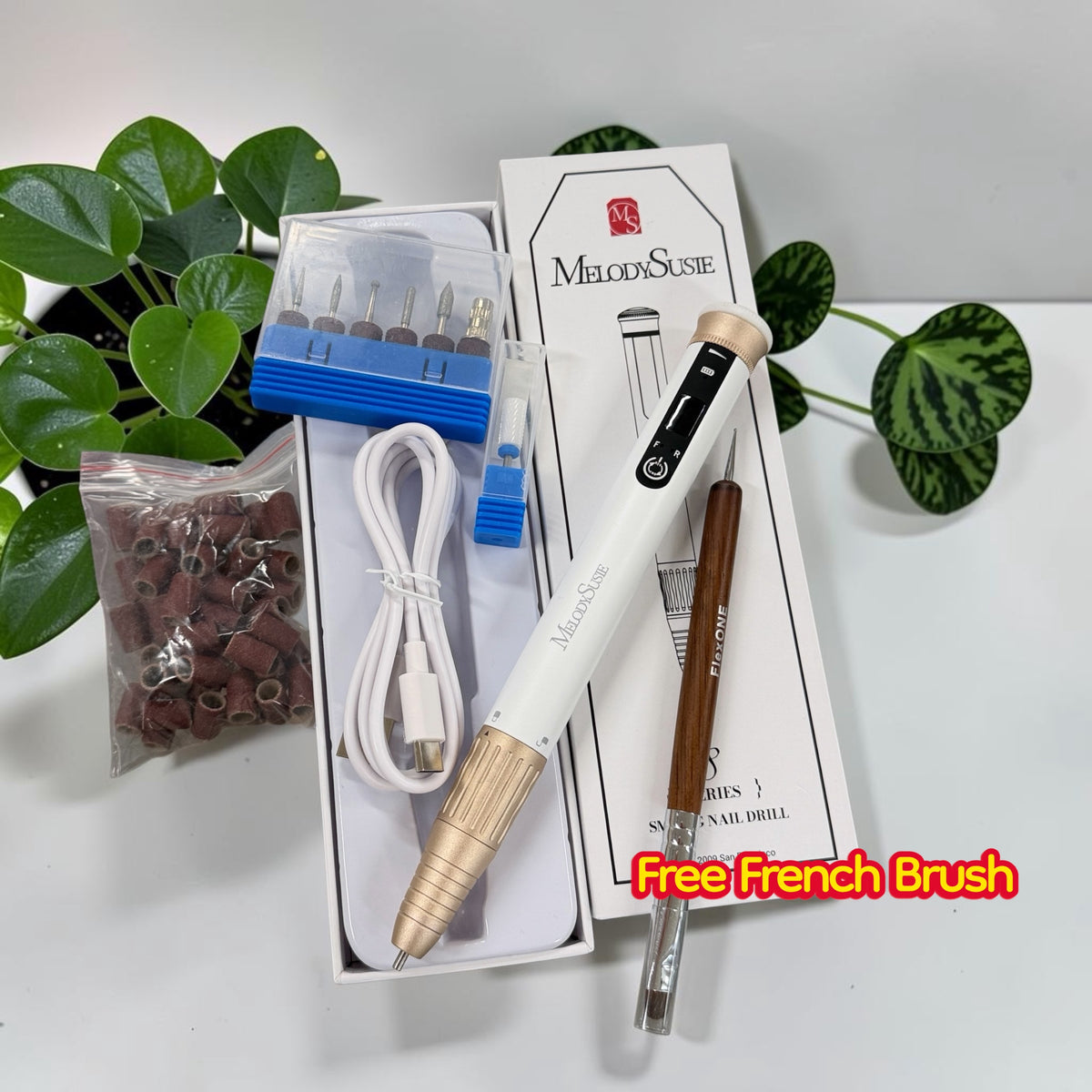 Pen Nail Drill Machine - Rechargeable Nail Drill 30,000 Rpm - White and Black FREE 1 French Brush