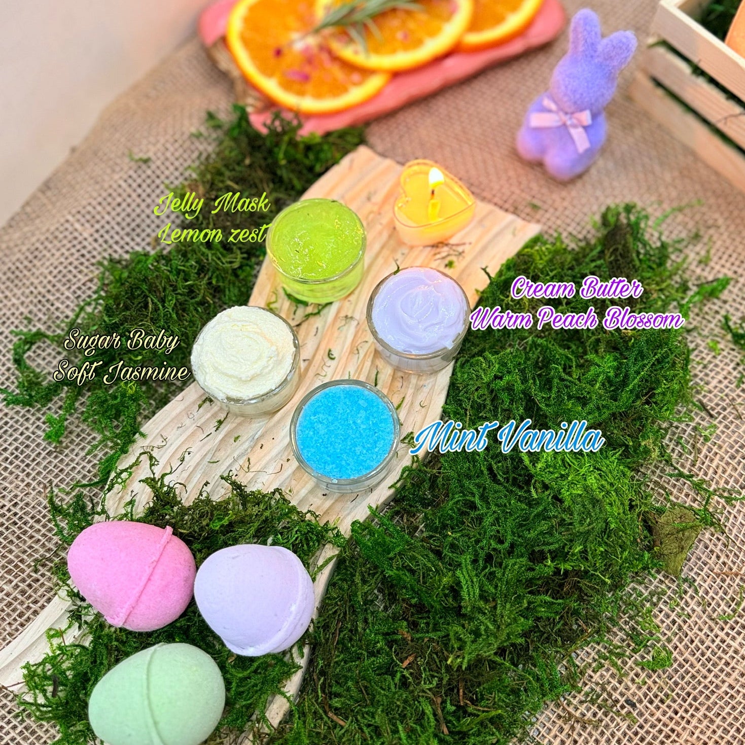 Colorful Spring Blossom Pedicure spa set with Easter pastel bath bombs, sugar scrub, mint vanilla salt soak, jelly mask and peach blossom cream butter for nail salons