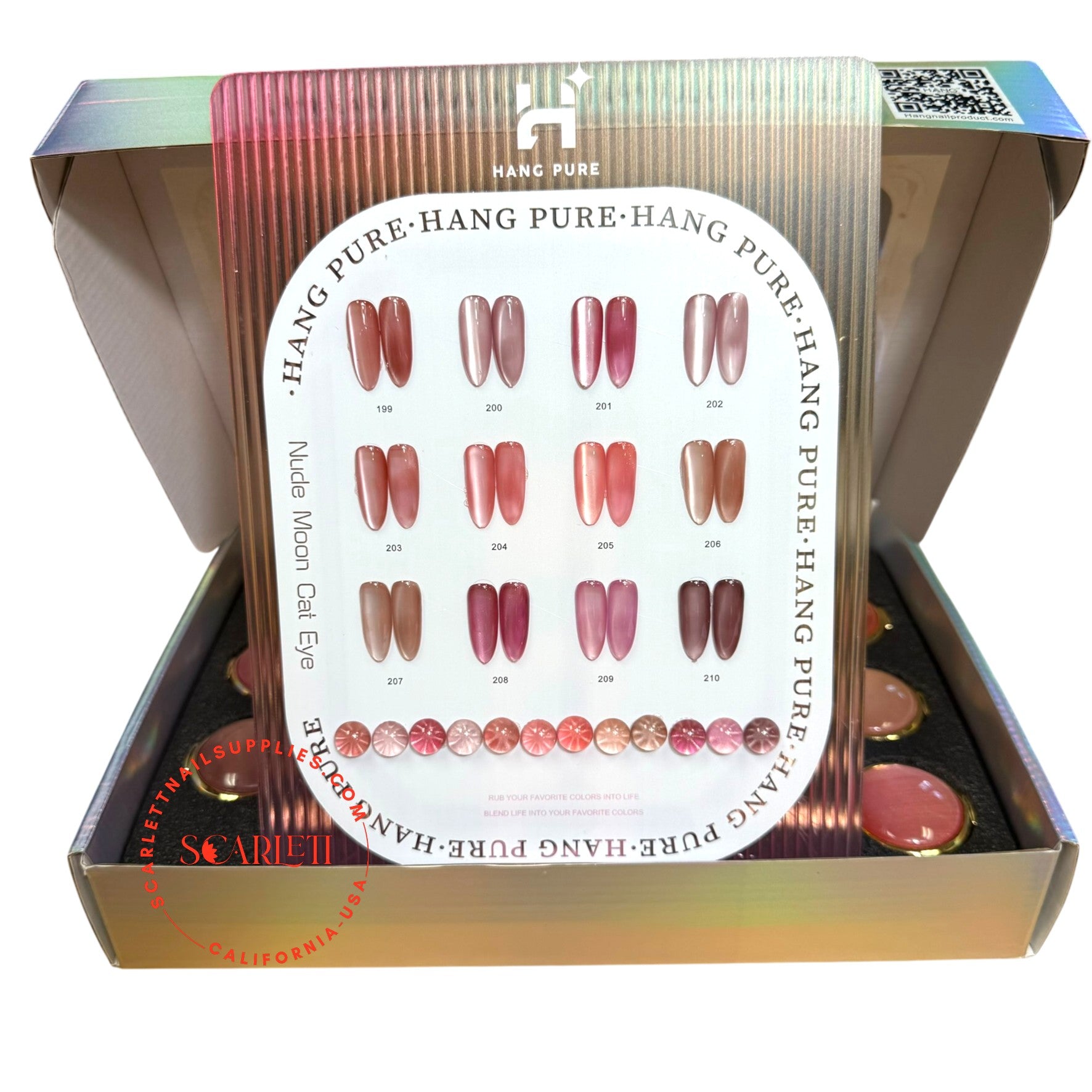 Hang Pure Nude Moon Cat Eye Gel collection display board with 12 colors