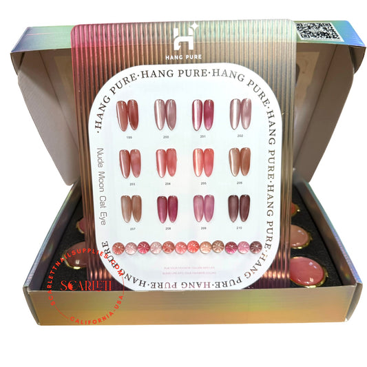 Hang Pure Nude Moon Cat Eye Gel collection display board with 12 colors