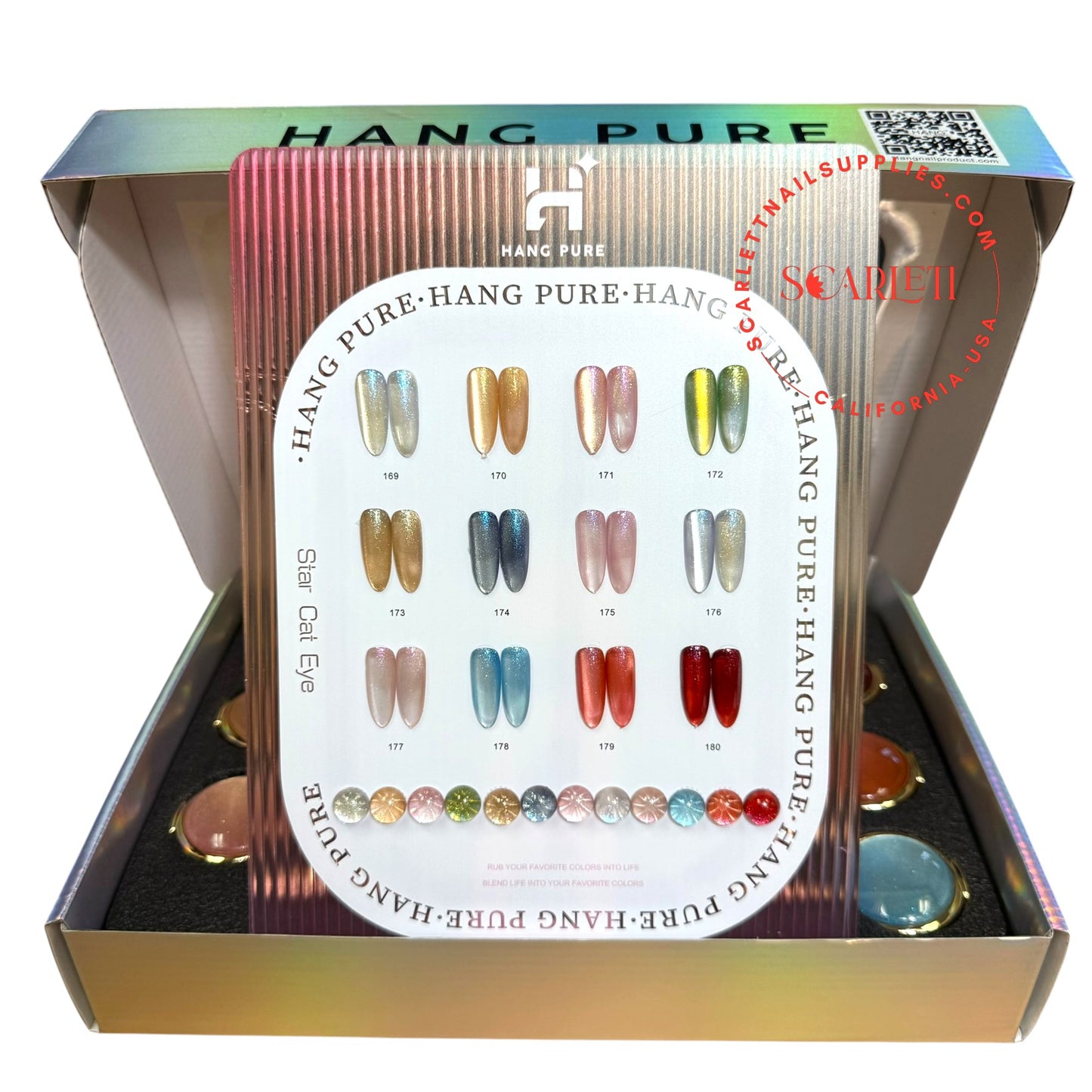 Swatch Board of Hang Pure Star Cat Eye Gel – 12 Reflective Magnetic Colors for Professional Nail Art