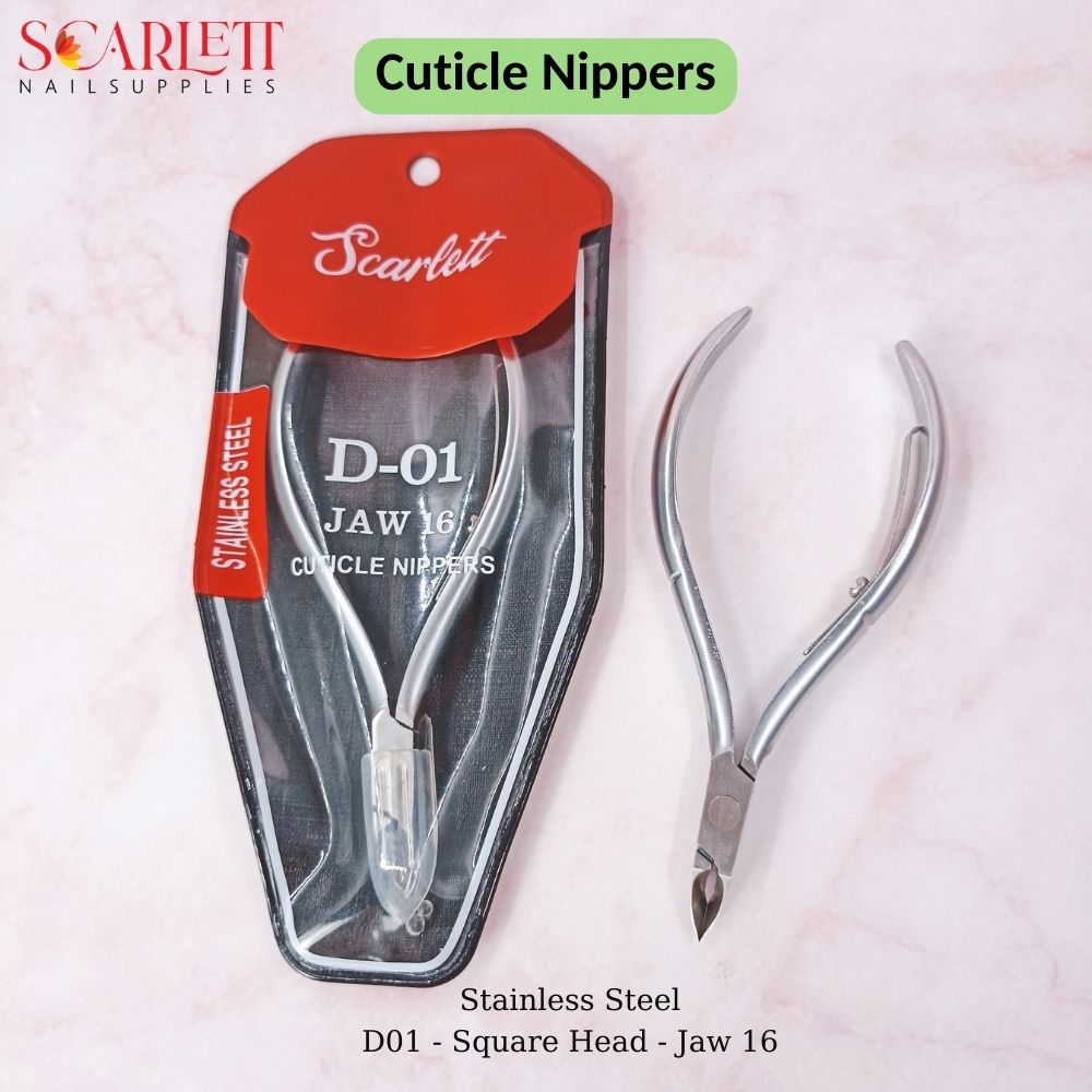 Cuticle Nippers - Stainless Steel - D01 - Jaw 16. This is a professional cuticle nippers must have for manicure & pedicure. Material: Stainless Steel Square Head Jaw 16 for best performance Brand: Scarlett