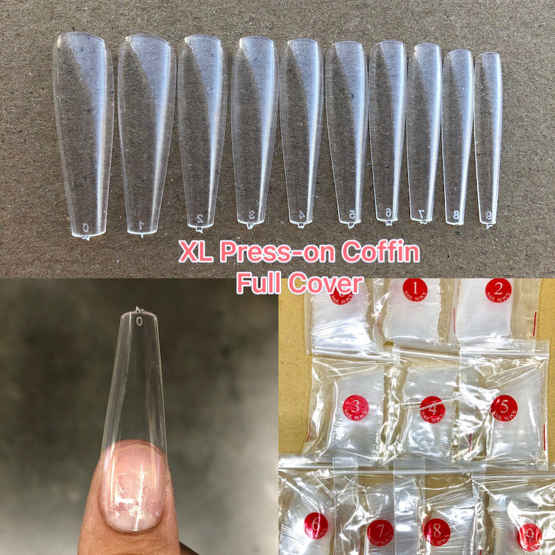 XL Coffin Nail Tips Clear Natural Color, made of hard plastic ABS for natural look.
