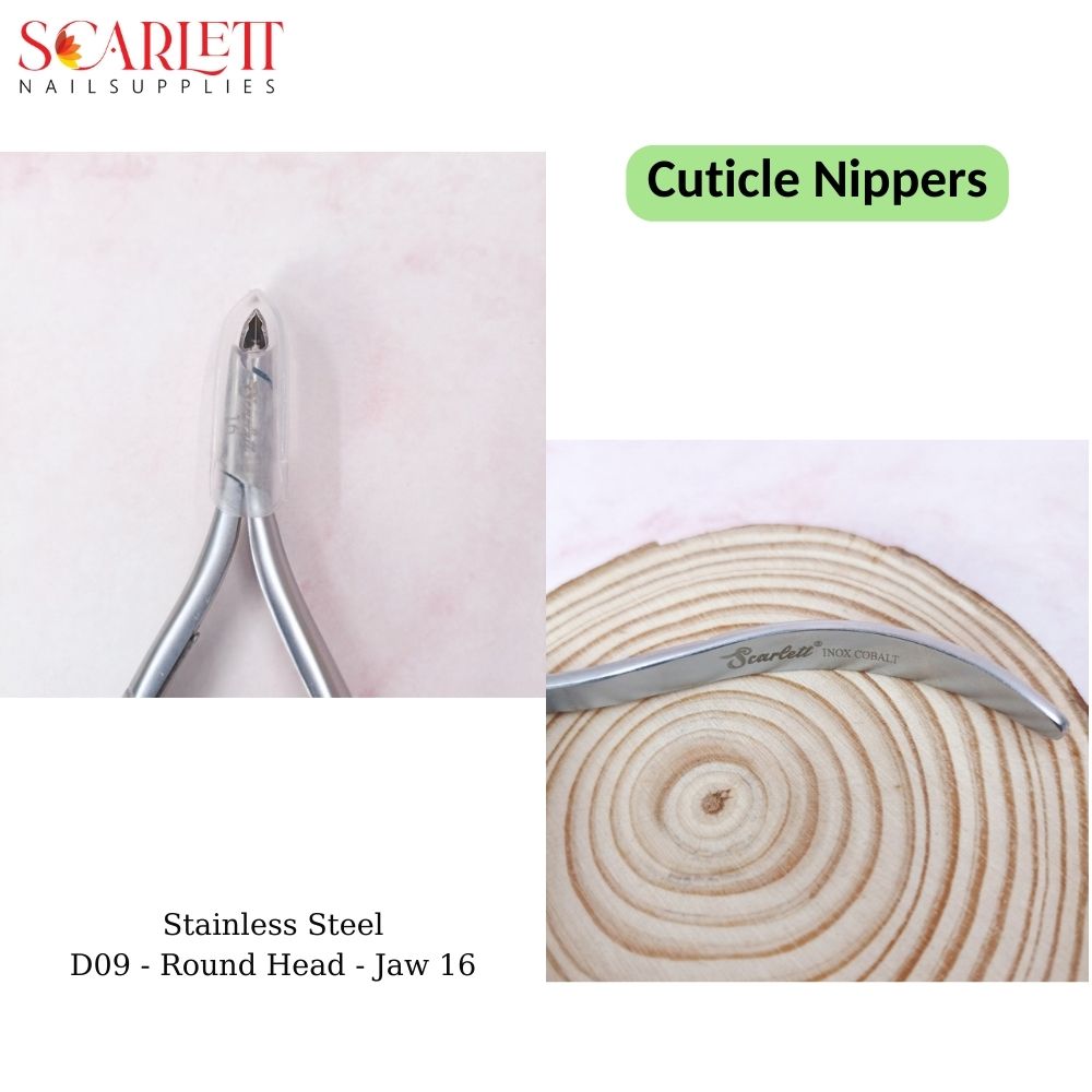 Material: Stainless Steel Round Head Jaw 16 for best performance Brand: Scarlett. Cuticle nippers for professional nail technicians.