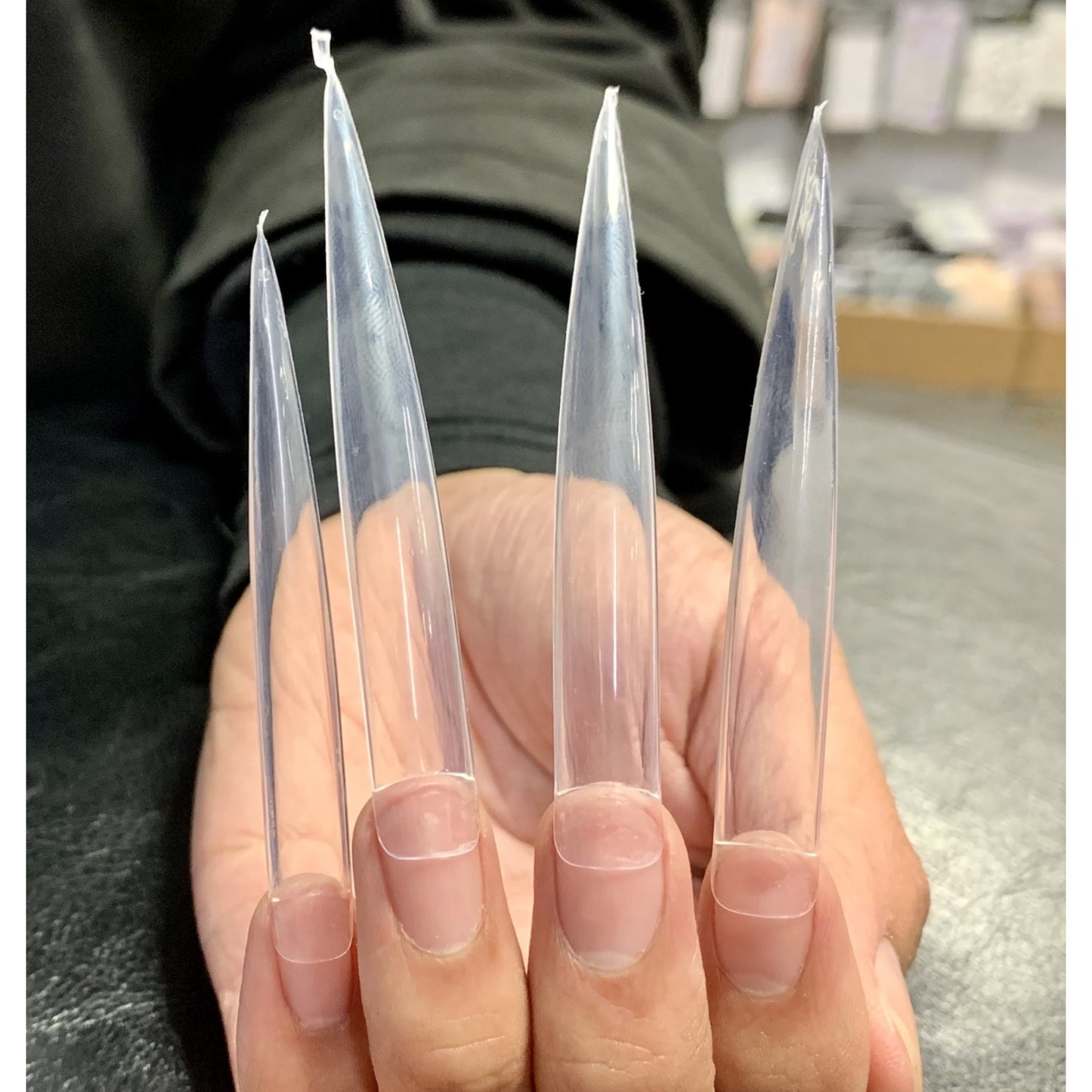 Supper Long XXL Clear Stiletto Straight Nail Tips cut your filing time down with these pre-shaped stiletto tips.
