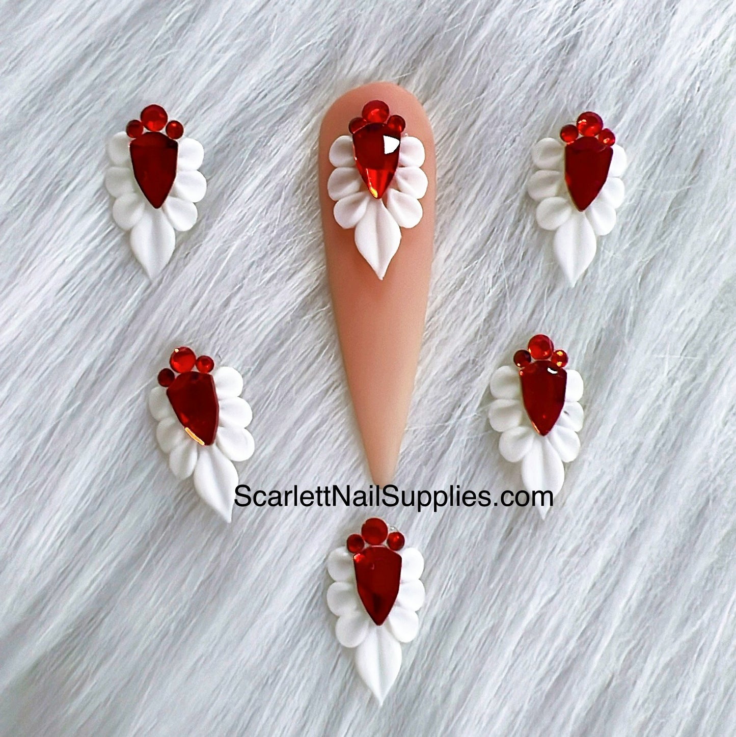 Made of high quality white acrylic nail powder with Red Crystal Rhinestones.