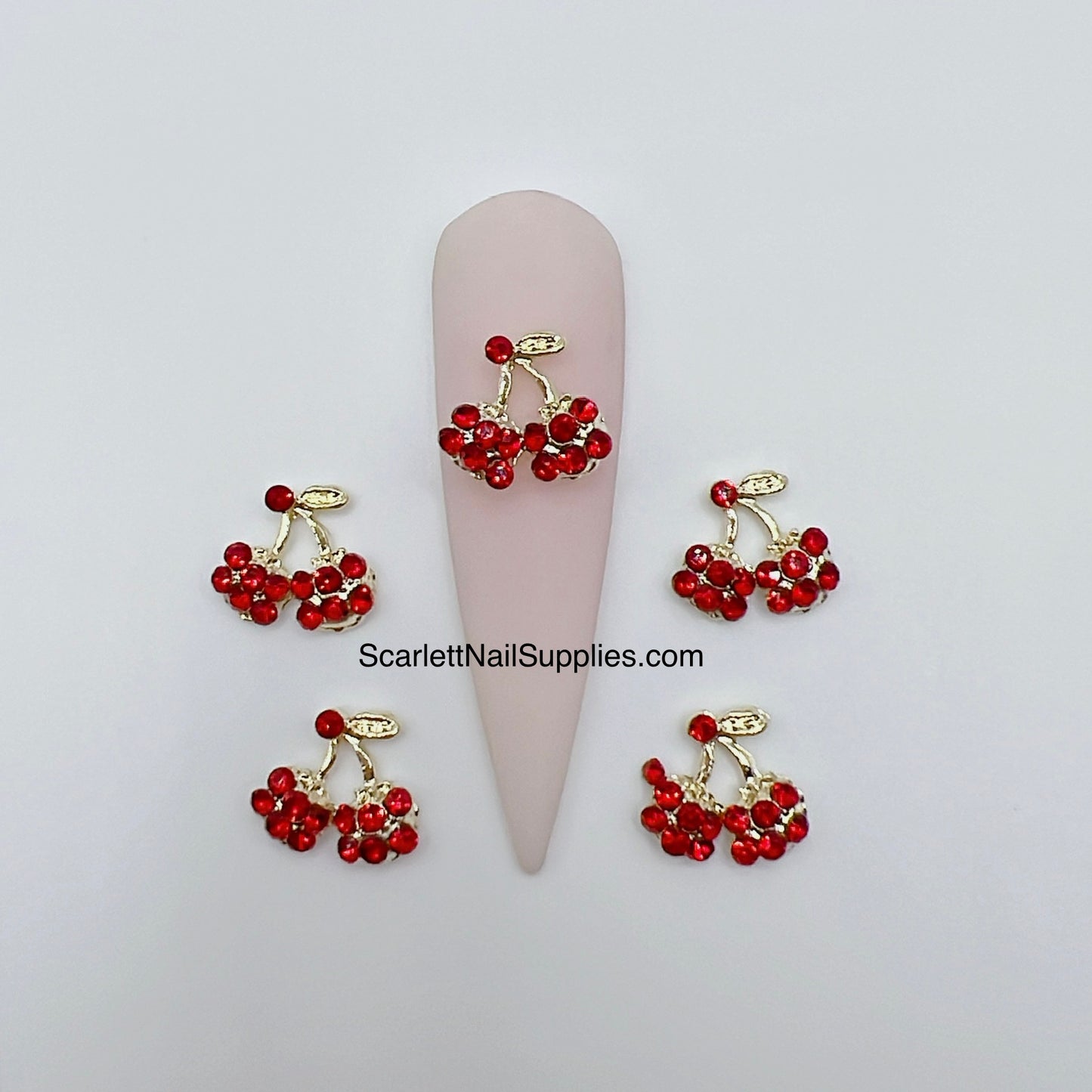 5pcs Red Cherry Metal Charm Rhinestone Nail Decorations