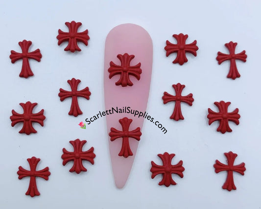 Red color Cross Charms Nails Design Christmas