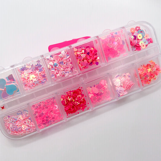 Set 12 Holographic Pink Colors Heart Sequins Nail Art