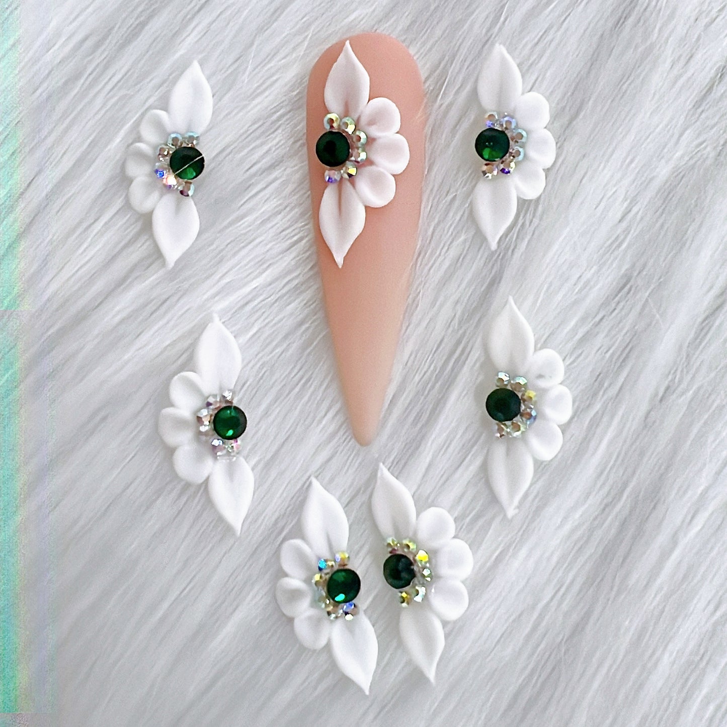 4pcs White 3D Acrylic Nail Flowers with Green Rhinestone
