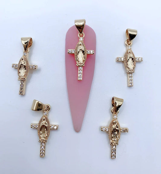 Bling Cross Virgin Mary Guadalupe 3D nail charm. dangle nail charms