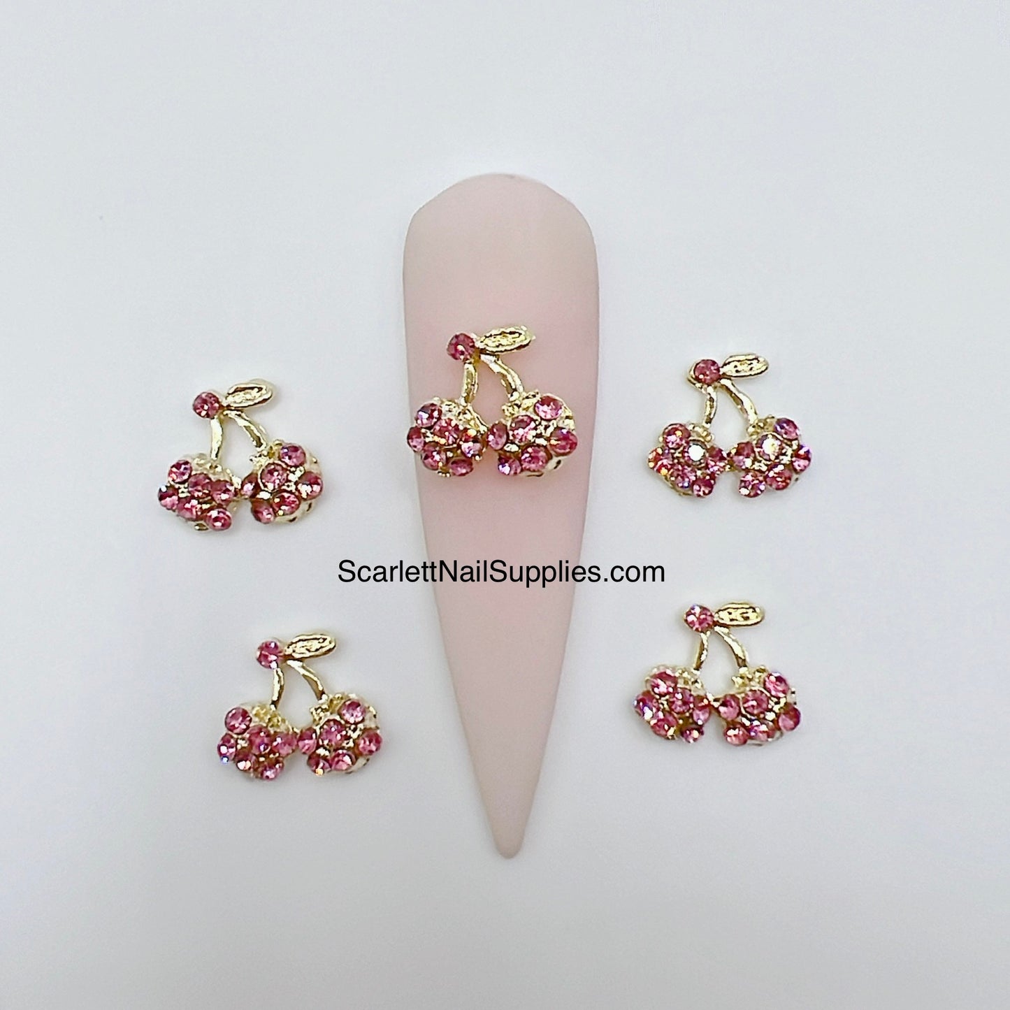 5pcs Light Pink Cherry Metal Charm Rhinestone Nail Decorations