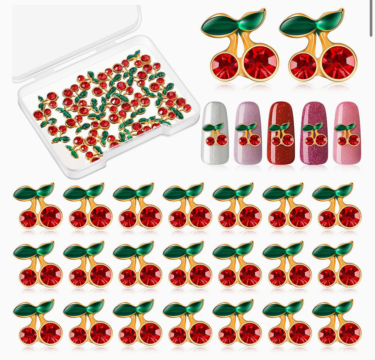 10pcs Red Cherry Metal Charm Rhinestone Nail Decorations